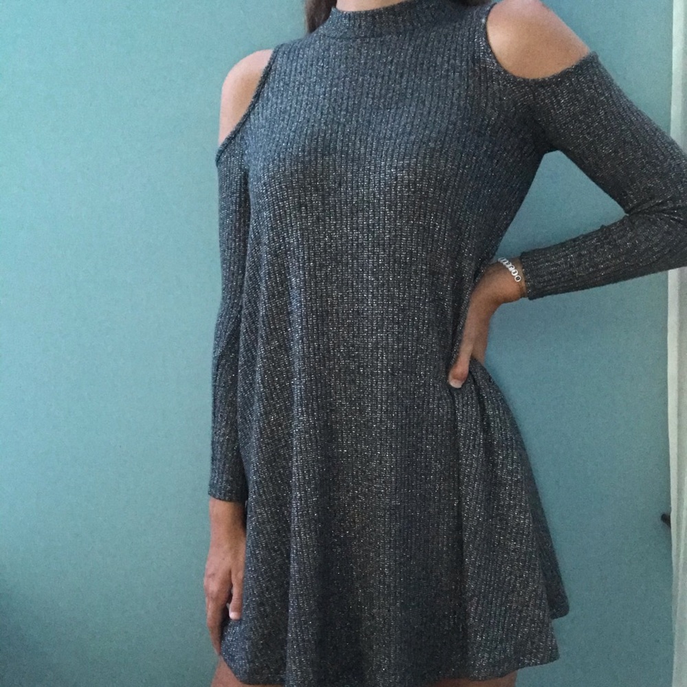 gray glitter longsleeve turtleneck dress